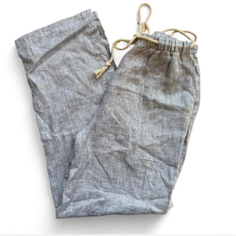 Women’s 100% Linen Gray Drawstring Pants Size Medium Elastic Waist Lagenlook